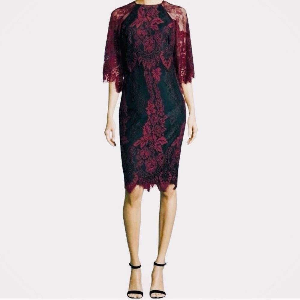 Badgley Mischka Burgundy and Black Lace Dress